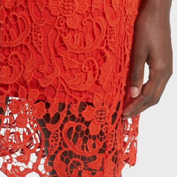 Leith Lace Pencil Skirt MEDIUM Red Floral Overlay Sheer Hem Lined Zip Crochet - Picture 5 of 13